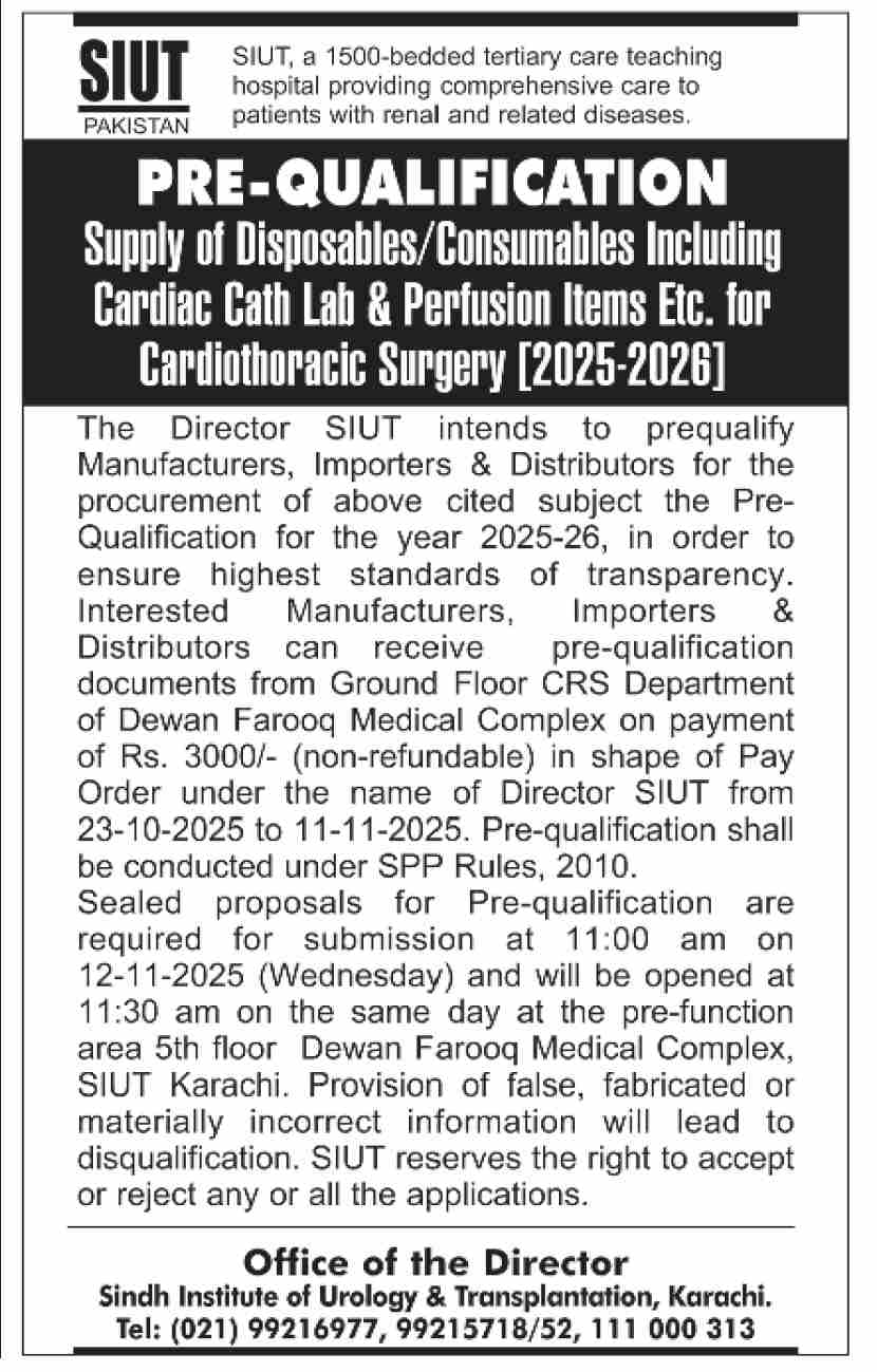 SIUT Karachi Tender Notice 2